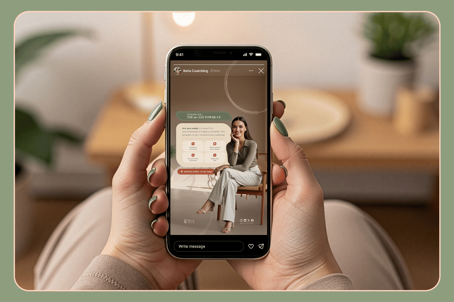 Mobile phone mockup displaying an elegant Instagram Story template for a Coachs program launch ("The 90-Day Power-Up"). The template showcases program benefits with icons and a clear call to action, all in earth tones.