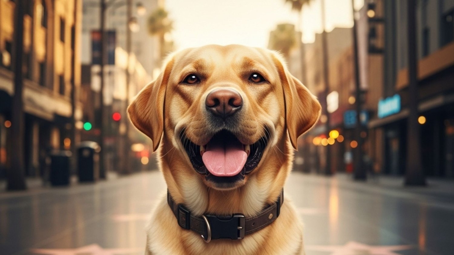 A well-behaved Max sitting proudly on a Hollywood star, looking like the perfect movie star dog.