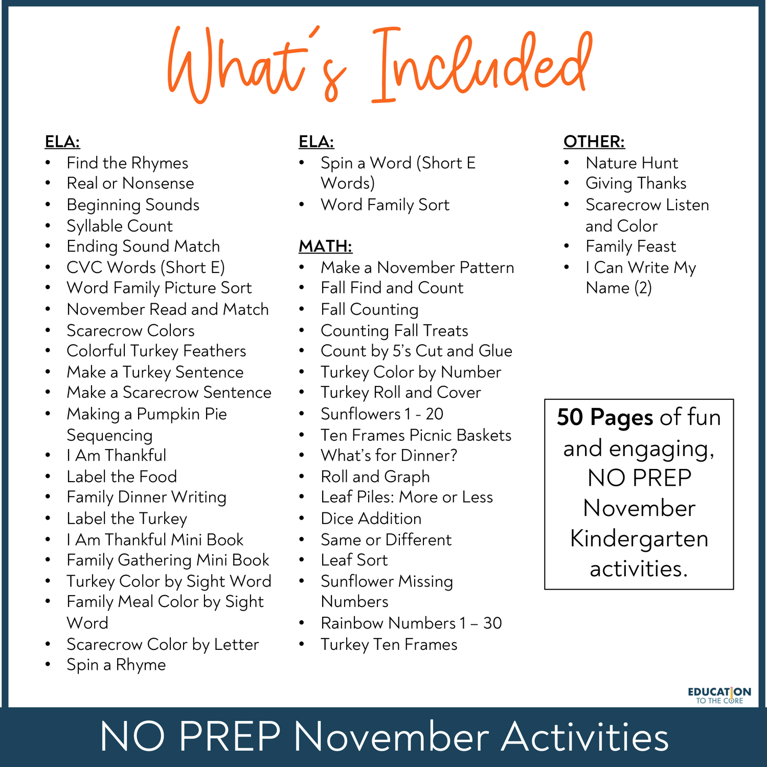 November No Prep Math and Literacy for Kindergarten - Thanksgiving Writing
