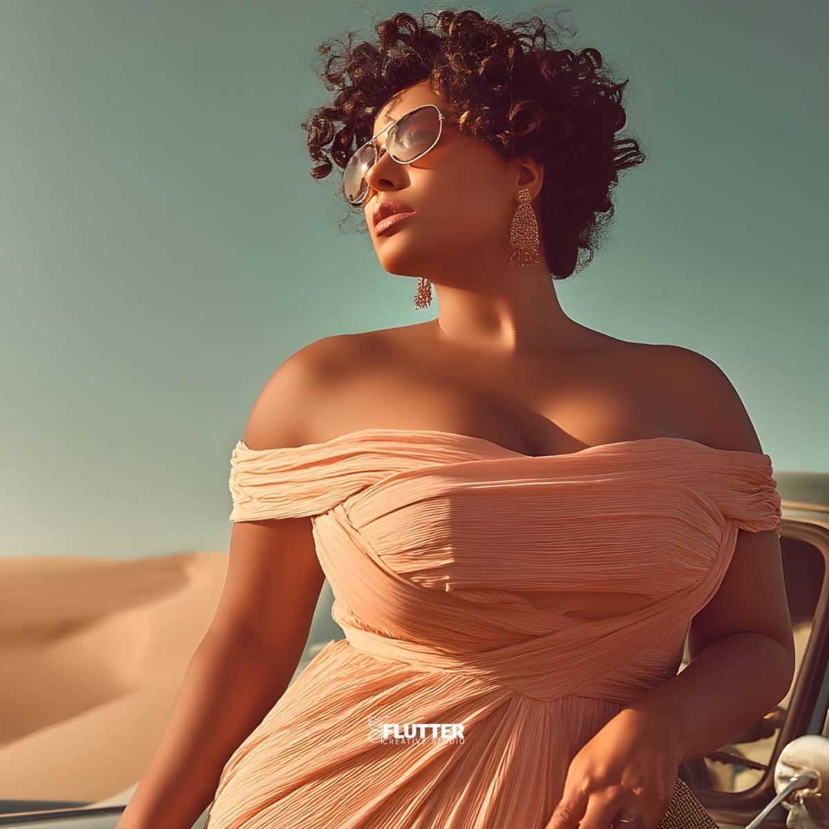 Glamour portrait for Flutter Creative Studio promoting bespoke AI content creation.