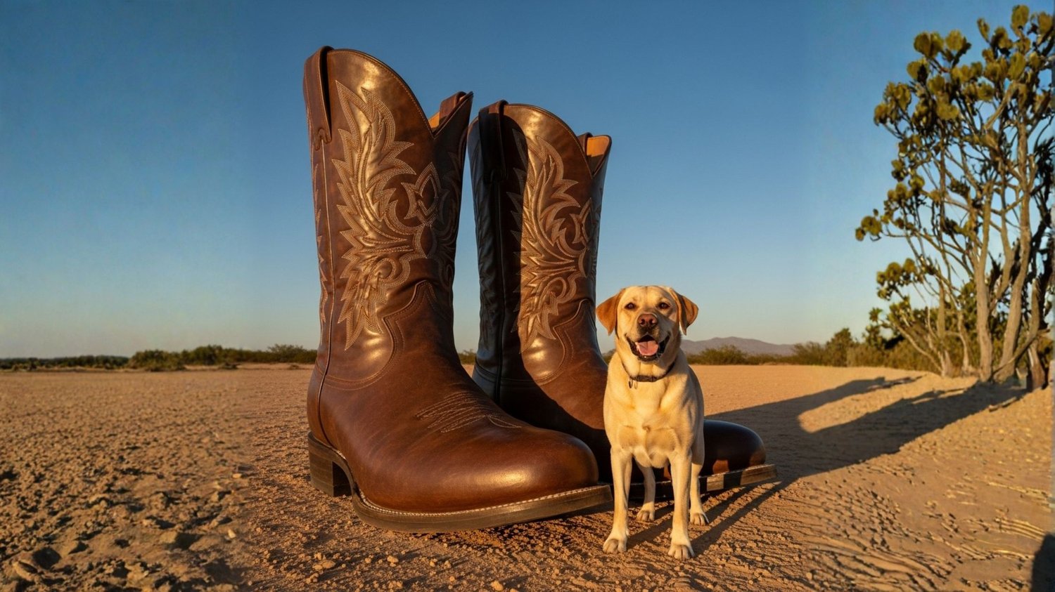 Small Labrador dog Max sitting confidently in front of giant cowboy boots in Texas desert, looking proud and oversized.