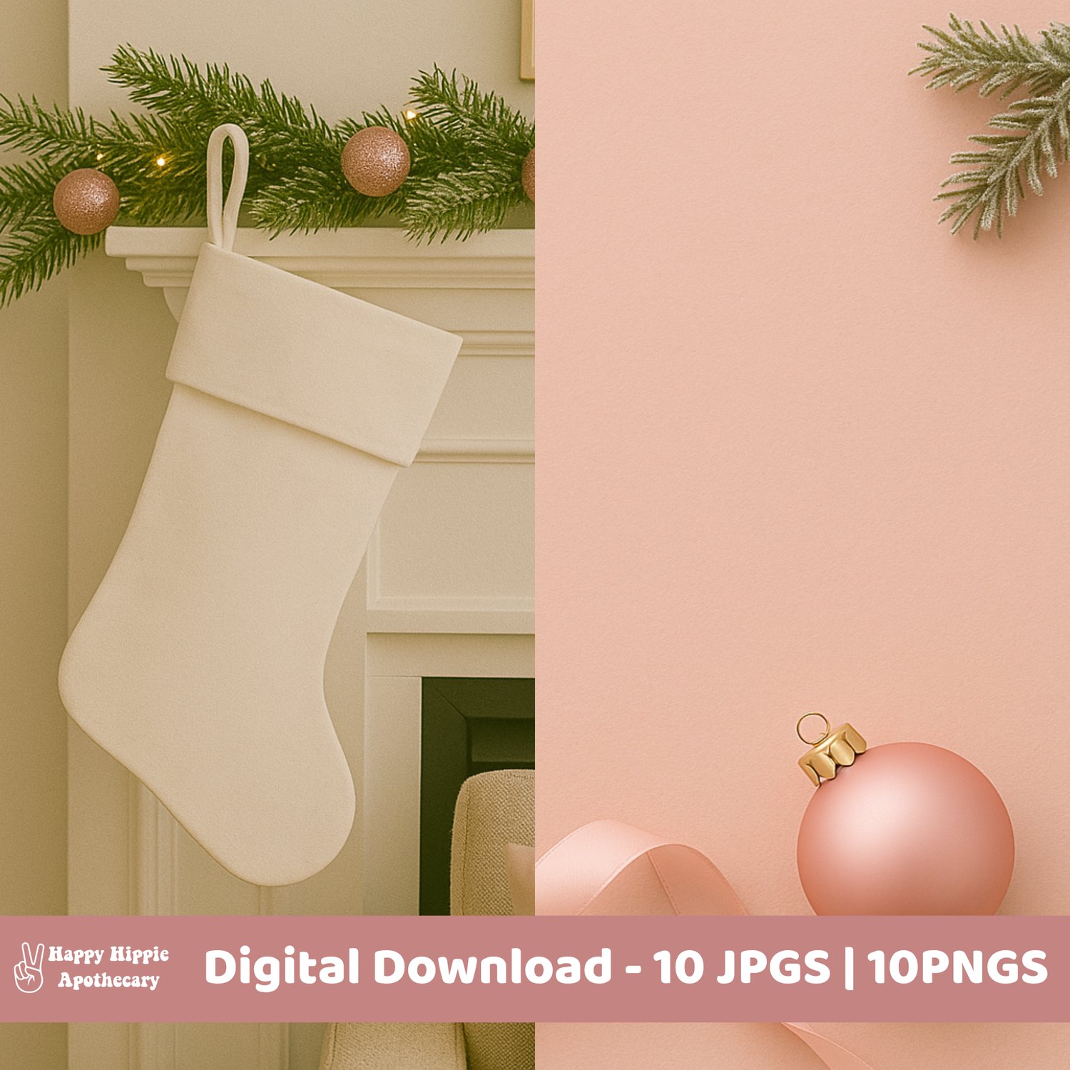 Christmas stocking mockup and pink ornament flatlay scene for showcasing tags, PNGs, or printables in a festive setting.