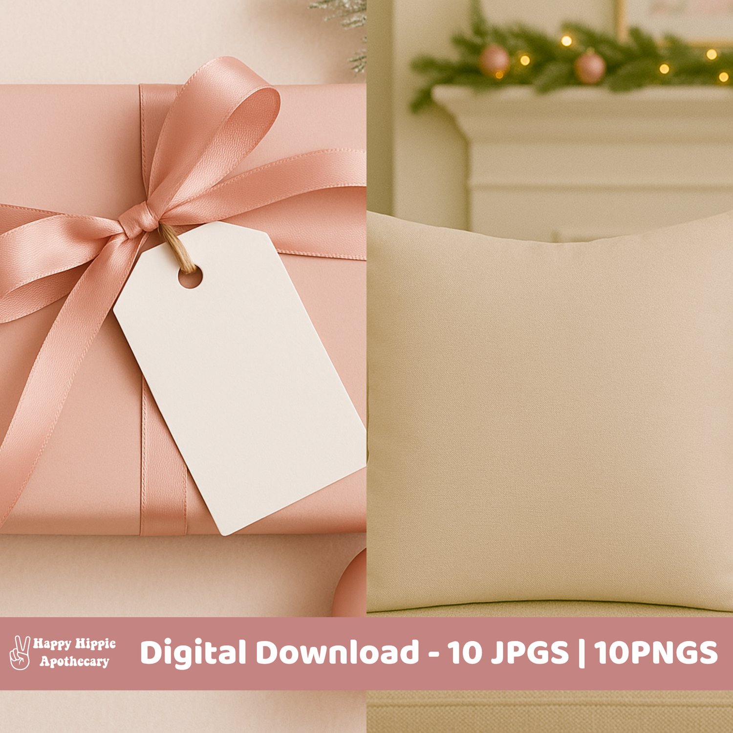 Soft pink Christmas gift tag mockup and beige throw pillow mockup with neutral holiday aesthetic for Etsy product photos.