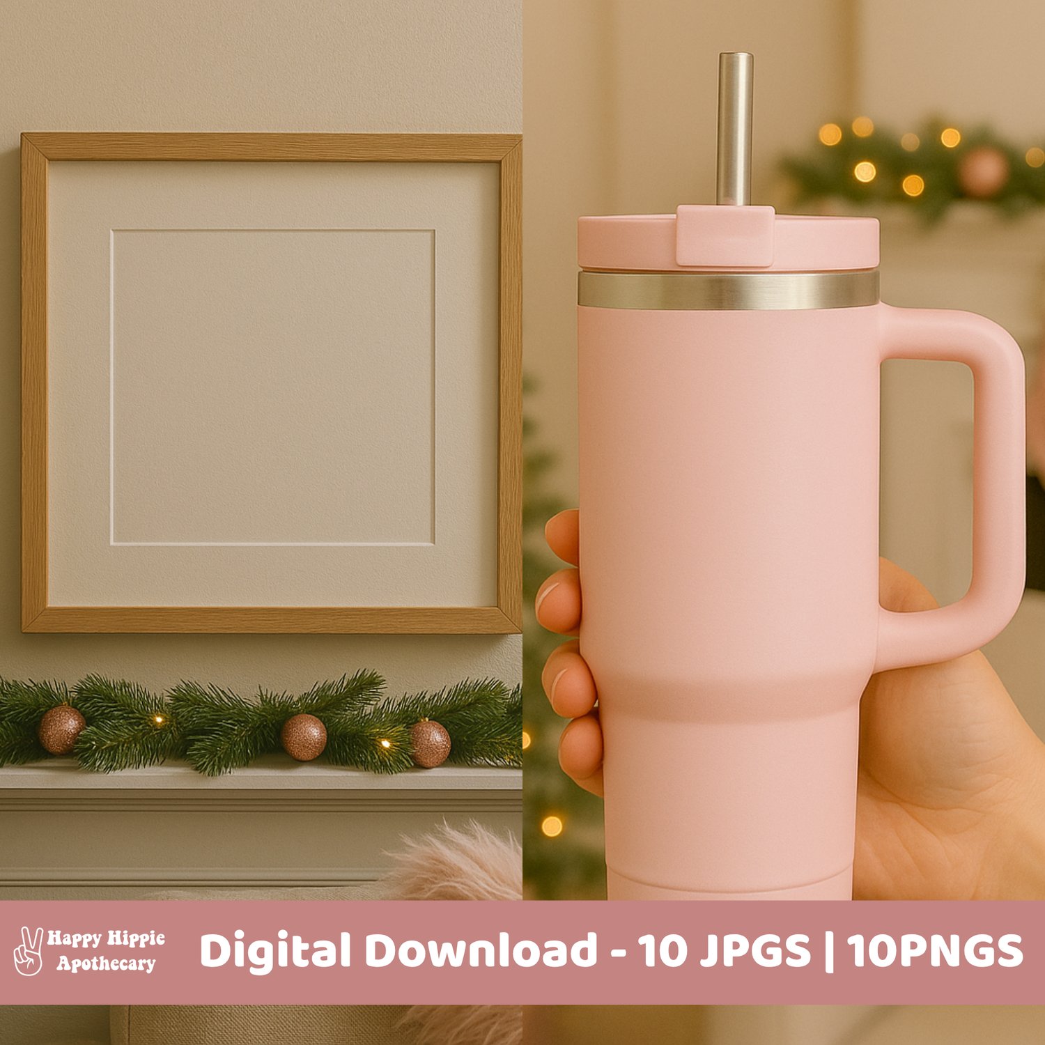 Blush holiday frame mockup and pink tumbler mockup with festive decor, perfect for digital product and sublimation display.