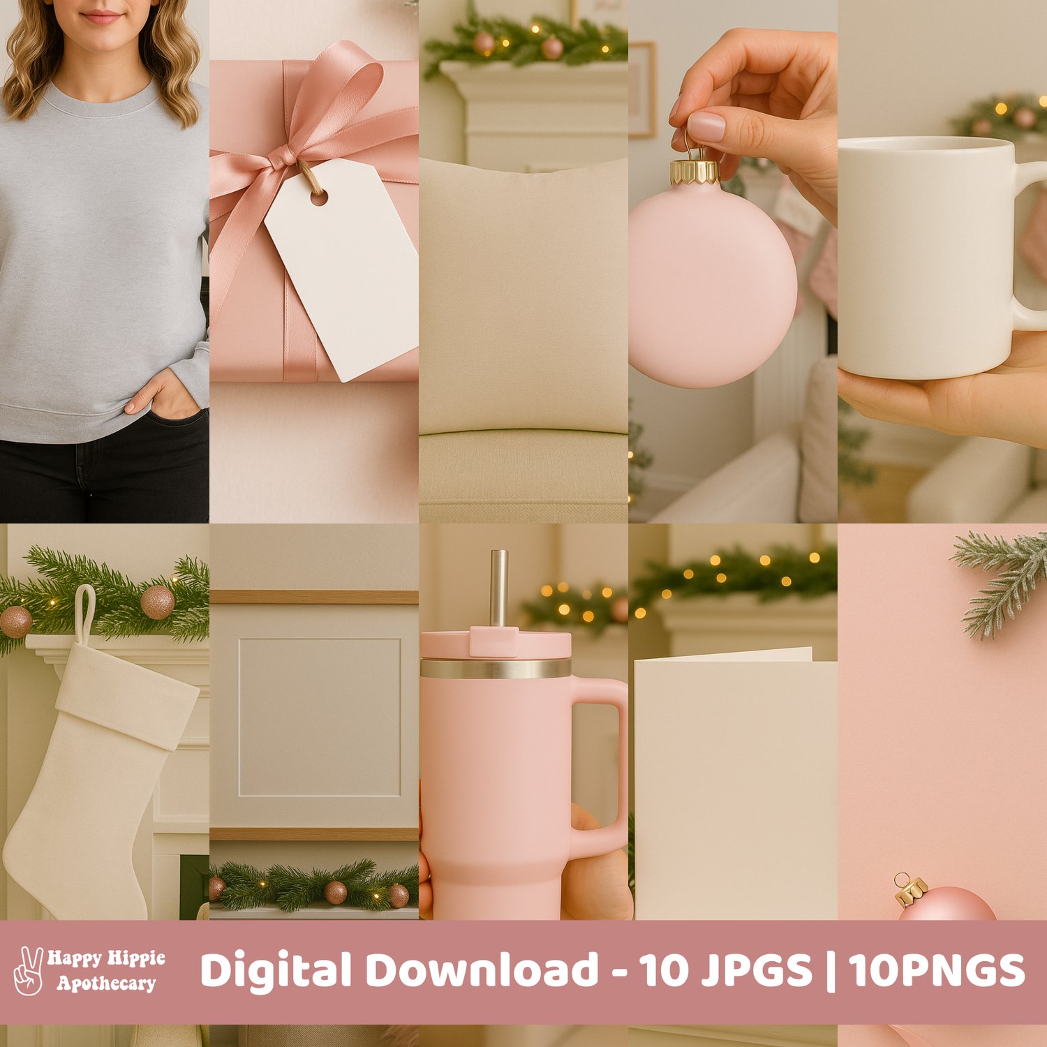 Styled grid layout of all 10 pink Christmas mockups for digital products, including apparel, drinkware, wall art, cards, and ornaments.