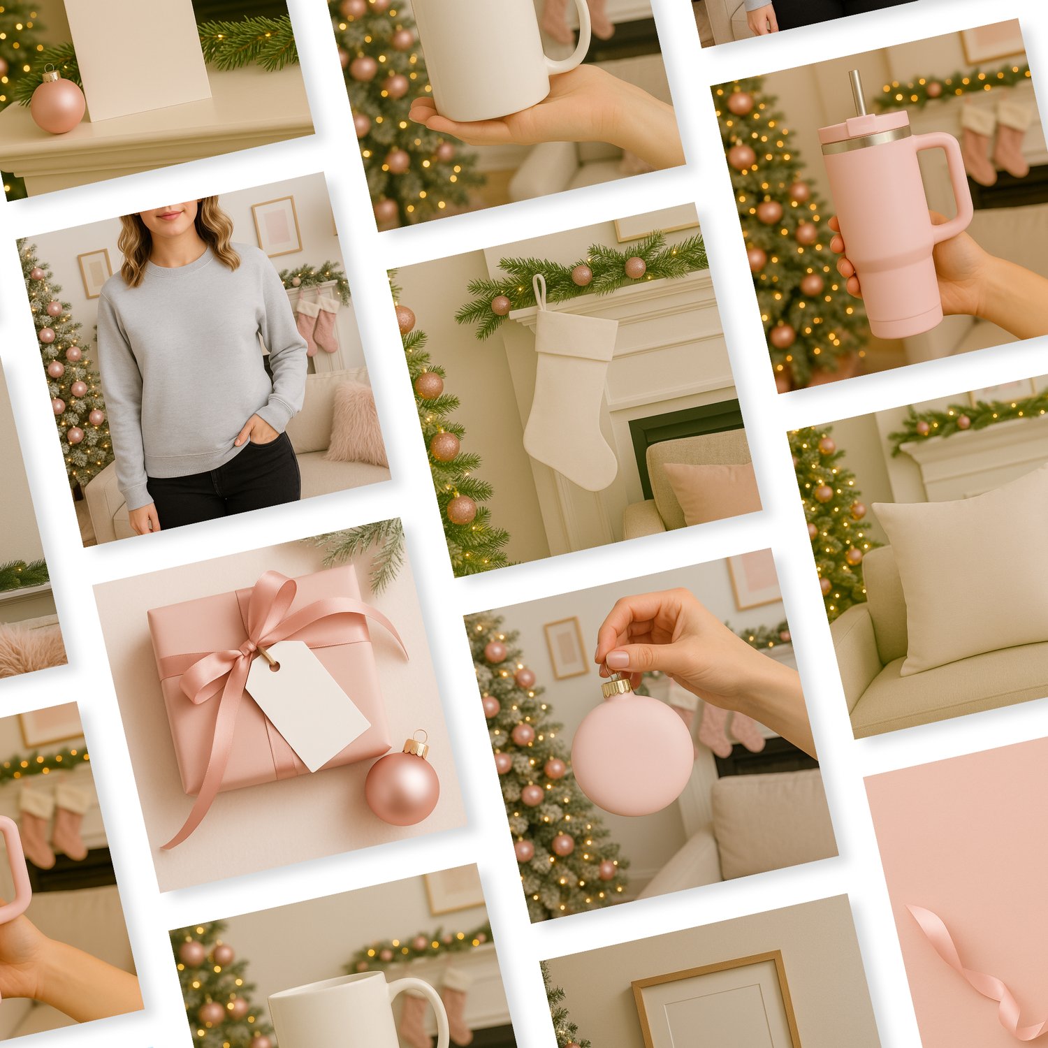 Collage of pink Christmas mockups including sweatshirt, mug, ornament, tumbler, stocking, pillow, and gift tag for Etsy digital sellers.