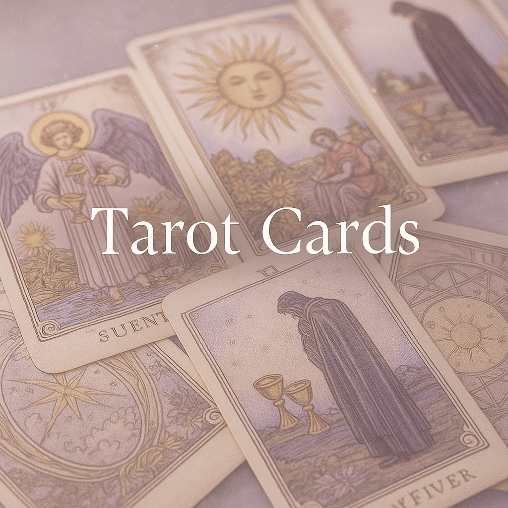Tarot card collection from Darise Darling spiritual shop featuring dreamy lilac tones, candlelight, and celestial accents.