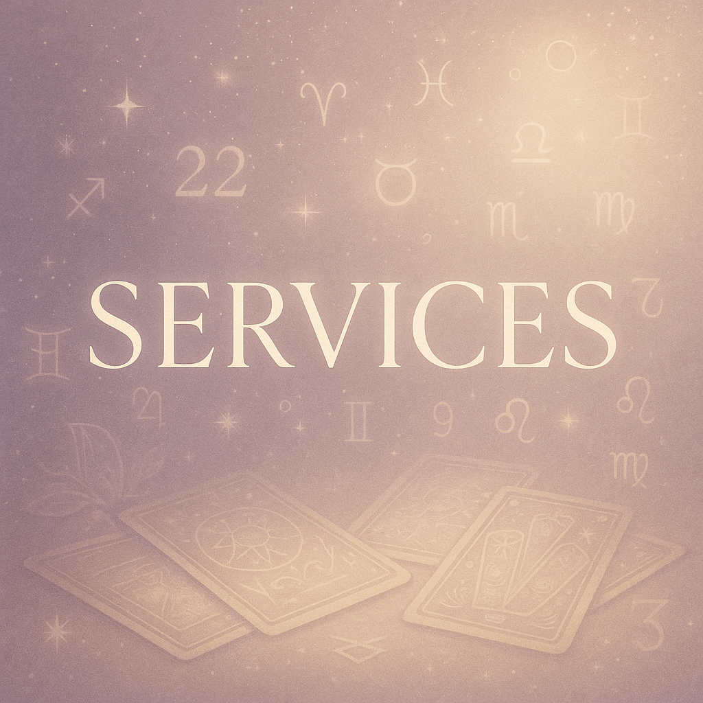 Darise Darling Services — intuitive astrology, tarot, and numerology readings in soft lilac and pearl tones with celestial accents.