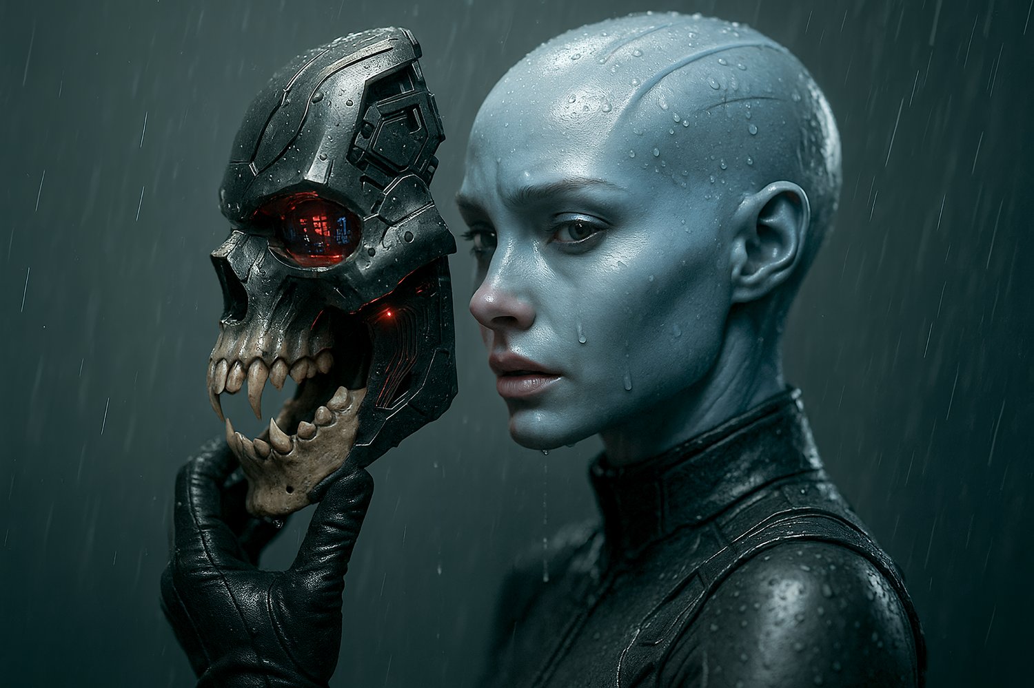 Cinematic 8K concept art of Sellah, alien psiborg priestess from Sirius Alpha-2, holding her damaged biomech mask — ultra-photorealistic sci-fi symbolism.