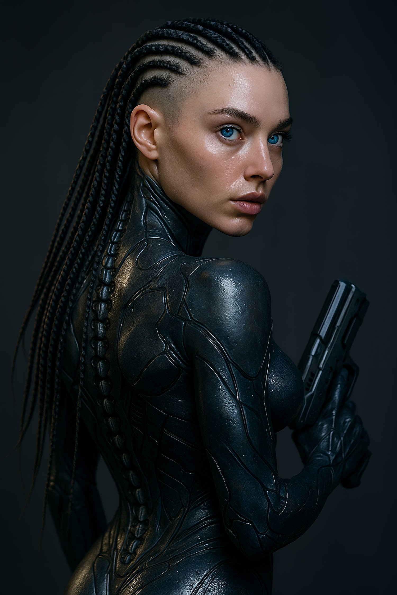 Sci-fi warrior portrait of Sellah in tactical biomech armor, captured in cinematic lighting and 8K photorealistic tone — concept design.