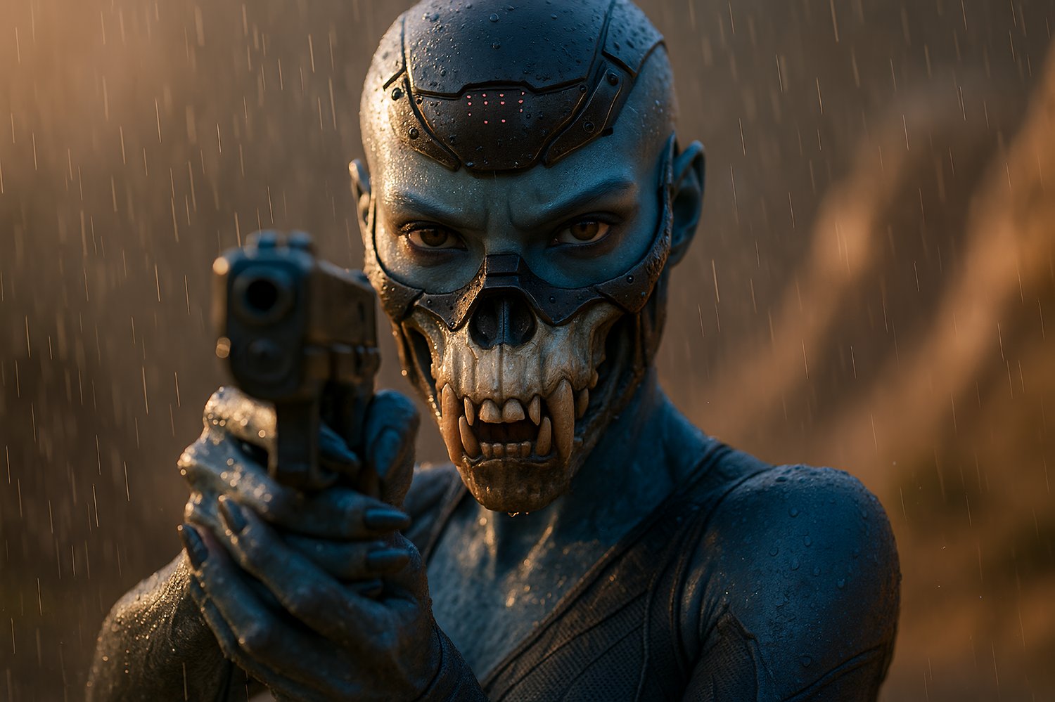 Action shot of Sellah, alien psiborg commander aiming her plasma blaster during a battle on planet Karos — cinematic realism.