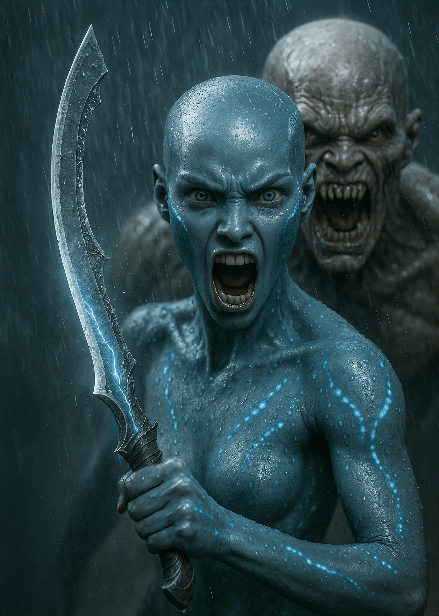 Intense cinematic frame of Sellah confronting an underground creature in a dramatic sci-fi horror scene — emotional energy.