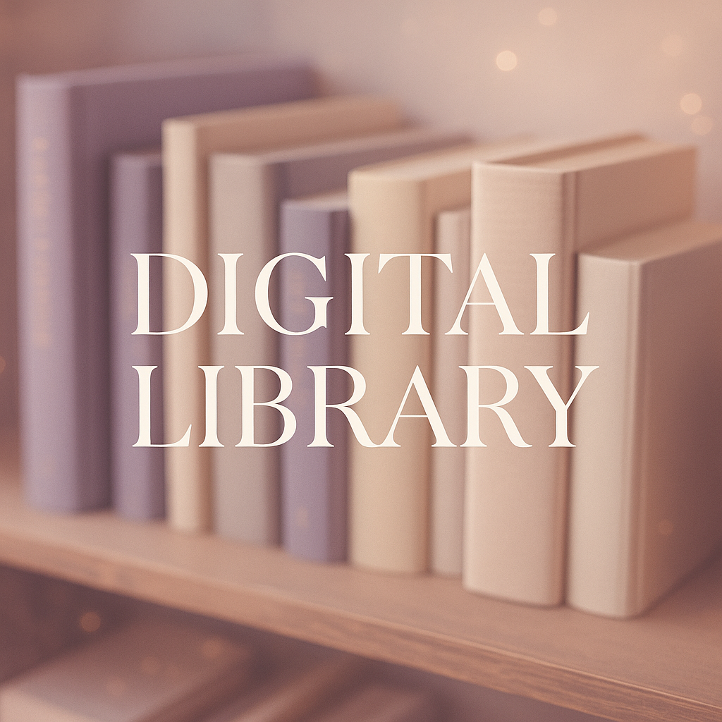 Darise Darling Digital Library — ethereal open books with celestial glow in muted lilac and pearl tones, symbolizing spiritual wisdom and insight.
