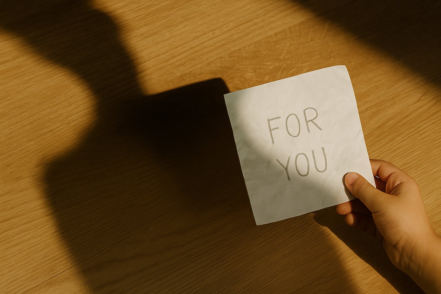 Silhouette of father and daughter, sunlight casting long shadows across a floor, symbolizing broken promises and the weight of unspoken love.
