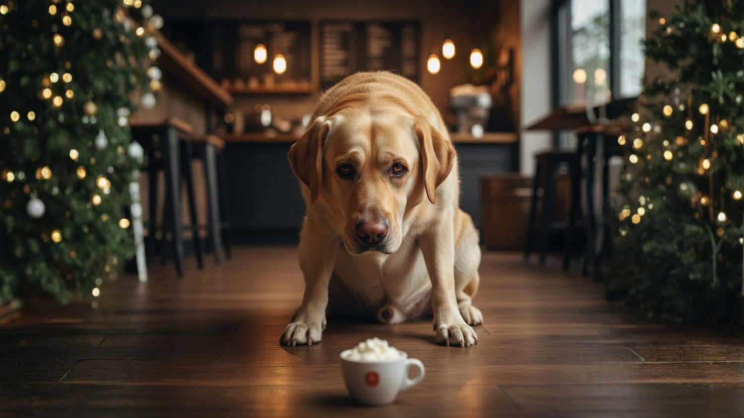 Close-up of a Yellow Labrador inside a coffee shop looking confused and judgmental at a puppuccino cup on the floor.