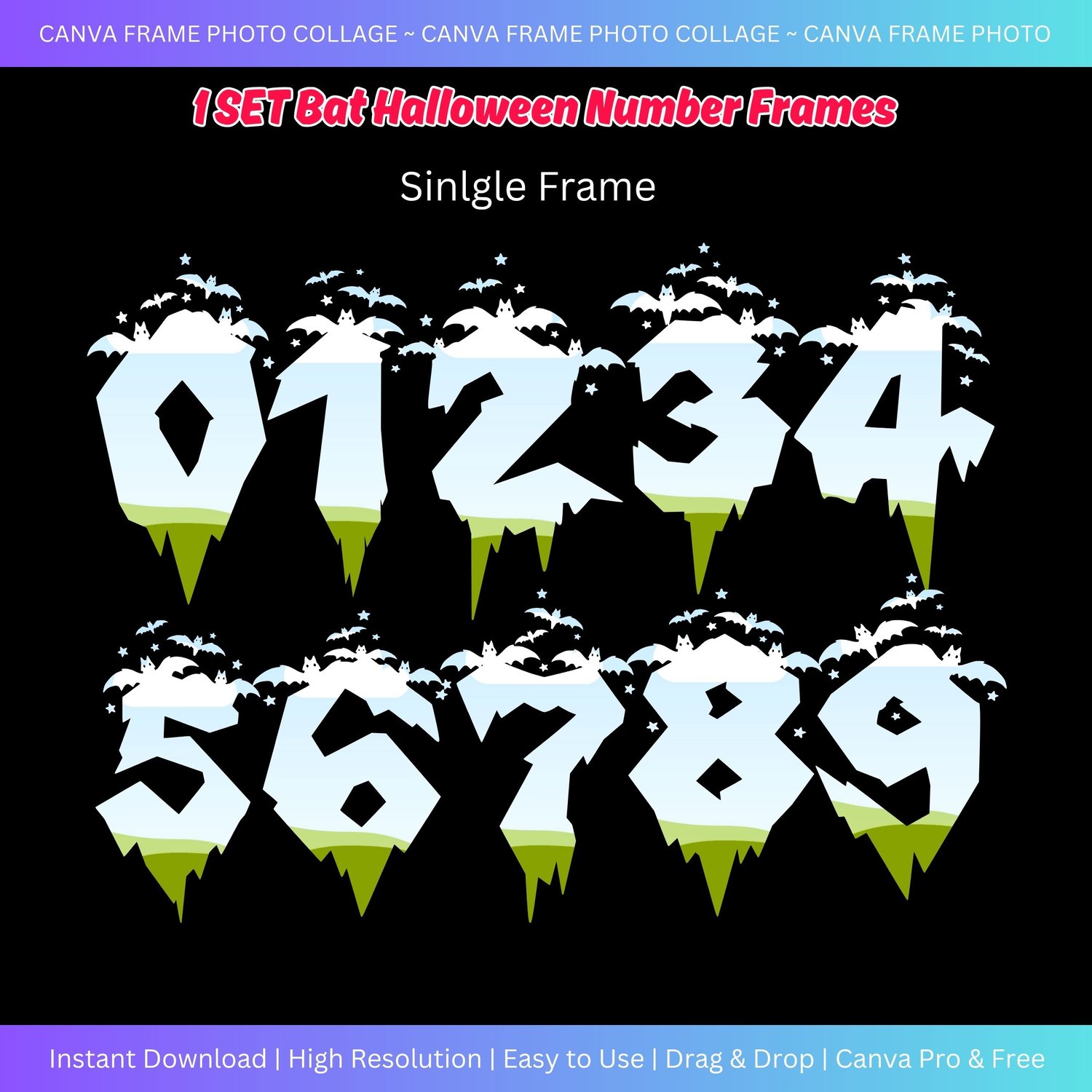 Canva Photo Collage - 1 SET Bat Halloween Number Frames