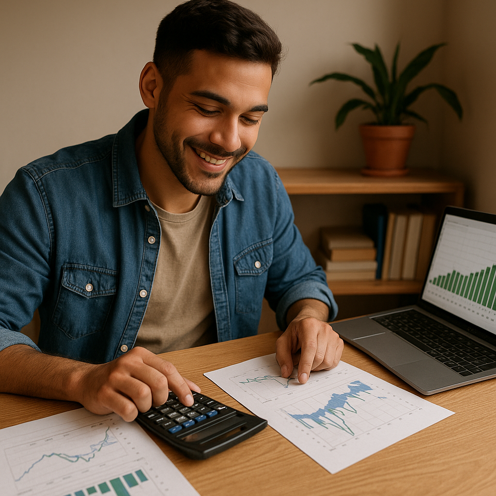 Investor tracking wealth growth using a calculator