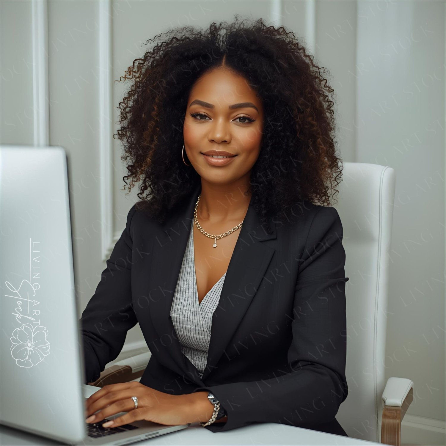A confident and professional portrait of a beautiful Black businesswoman seated at a white desk in a bright, modern office. She is looking directly at the camera with a warm, genuine smile. She is wearing a classic black suit jacket over a patterned top, 