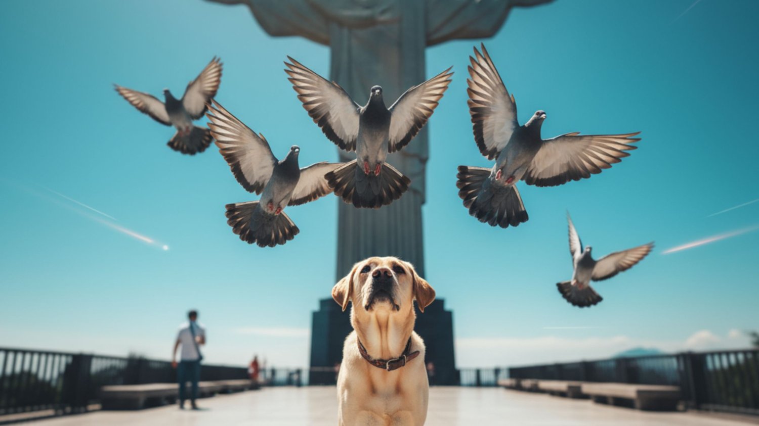 Slow-motion wide shot of a Yellow Labrador standing on white granite as multiple pigeons take off directly above his ears, with the Christ the Redeemer statue framed in the background.