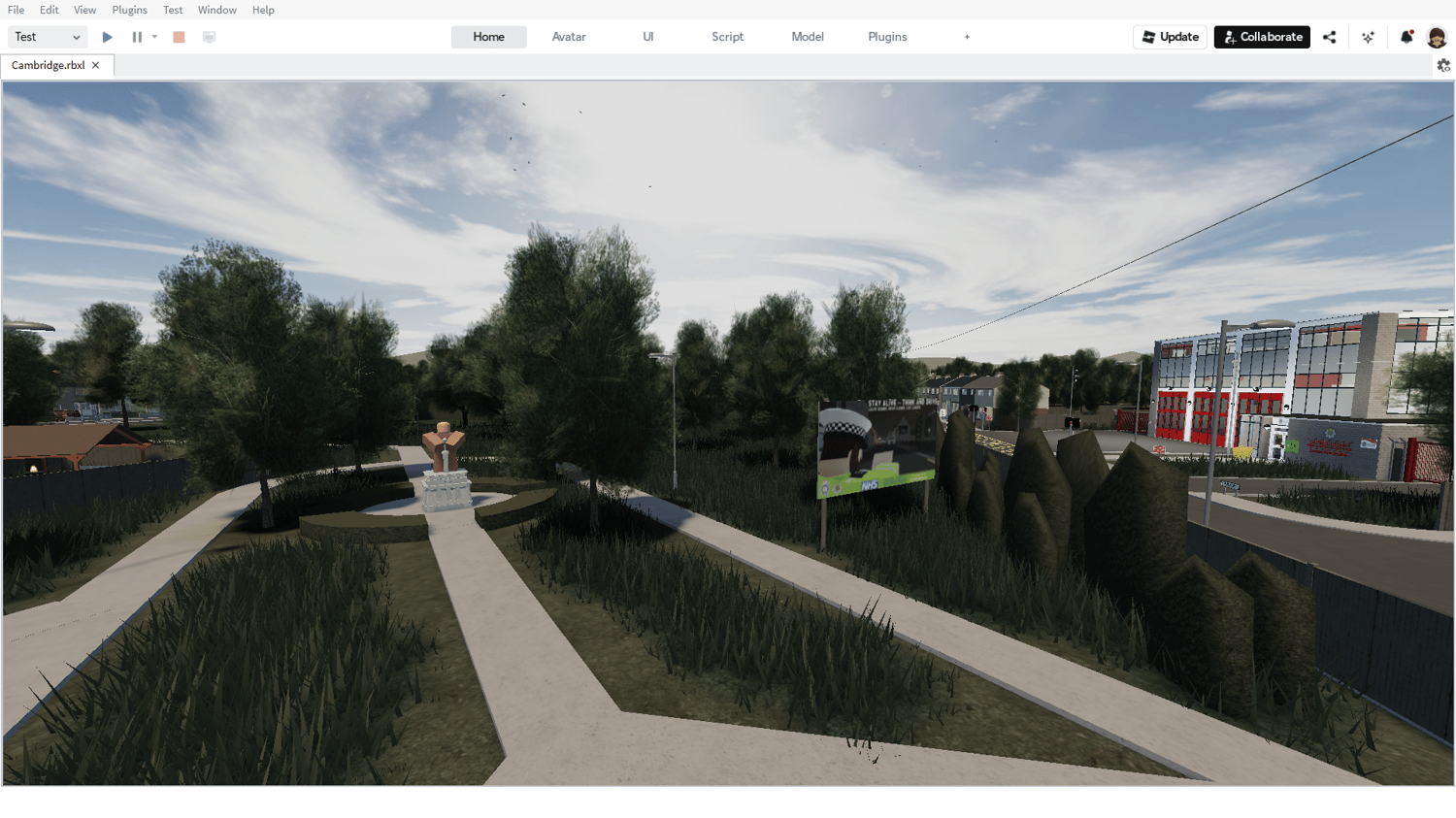 Aerial view of Cambridge Roblox city map with detailed streets and buildings