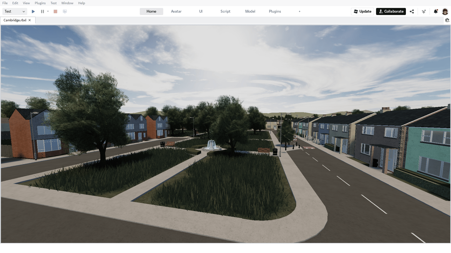 Wide street view with realistic sidewalks and lamp posts
