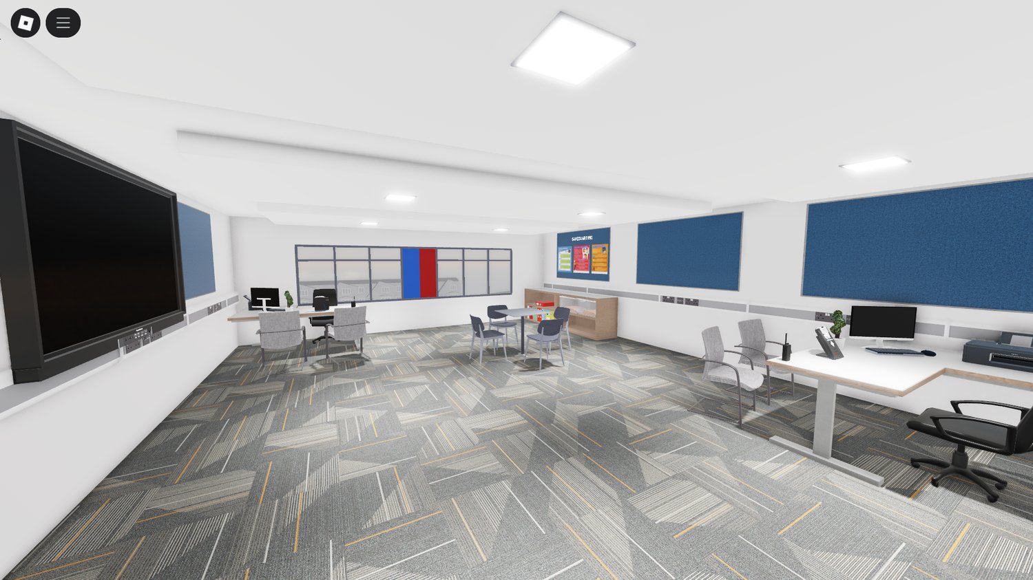 Modern classroom interior with detailed furniture