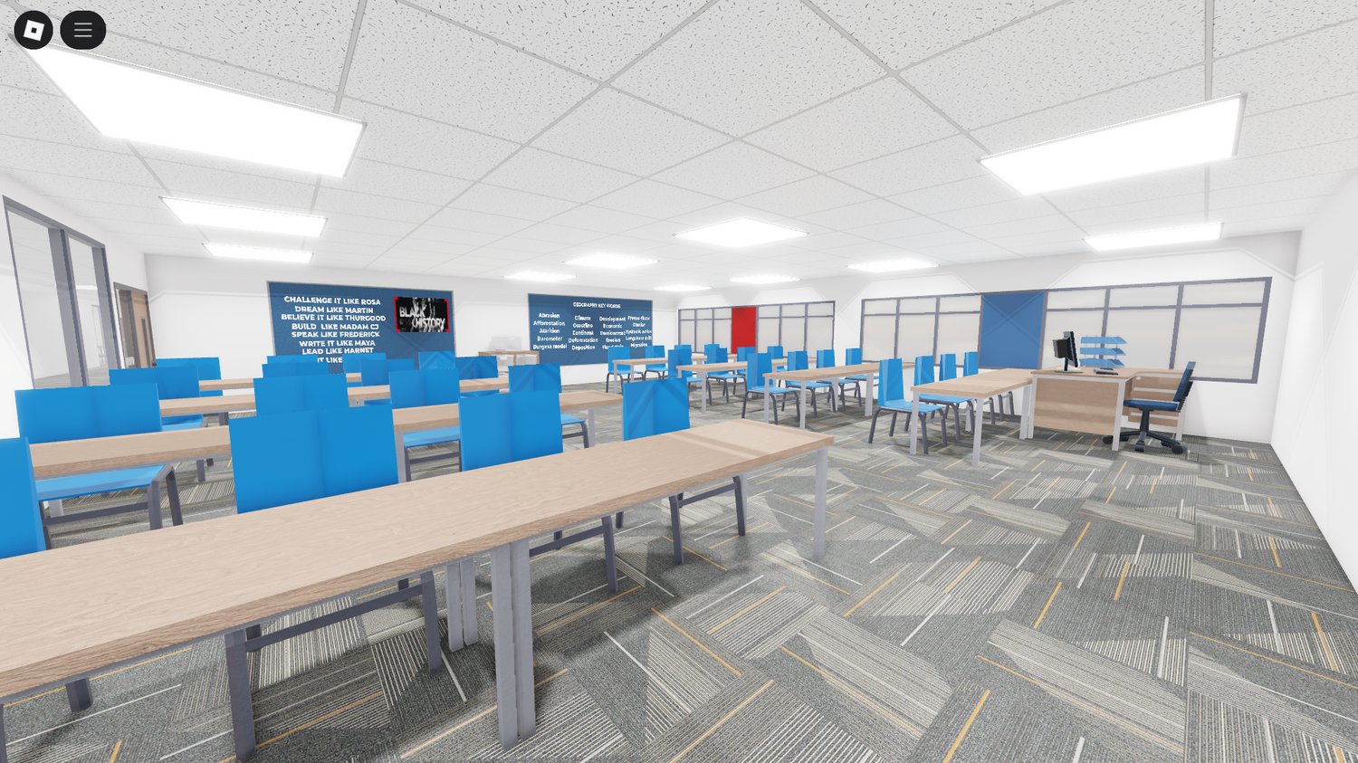 Library area with bookshelves and study tables