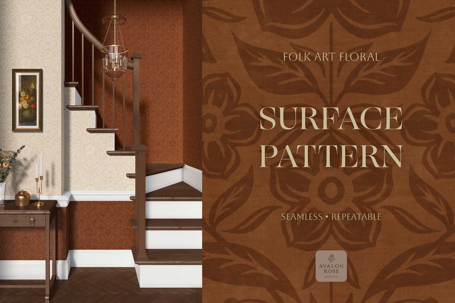 amless surface pattern design features vintage-inspired scalloped floral, historical color options