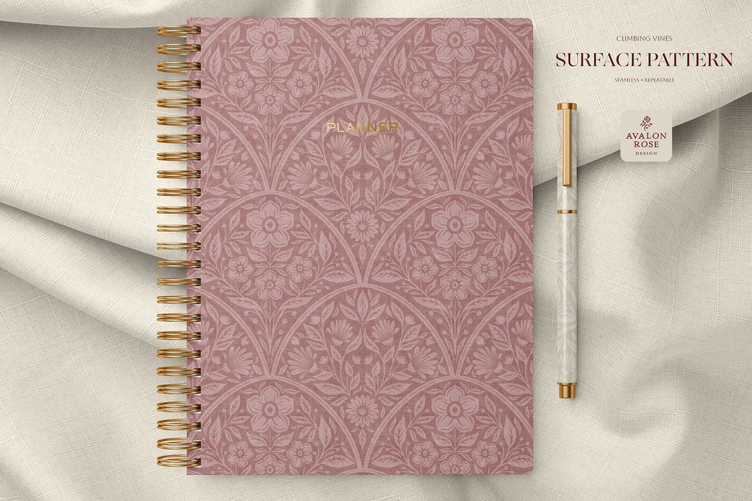 amless surface pattern design features vintage-inspired scalloped floral, historical color options
