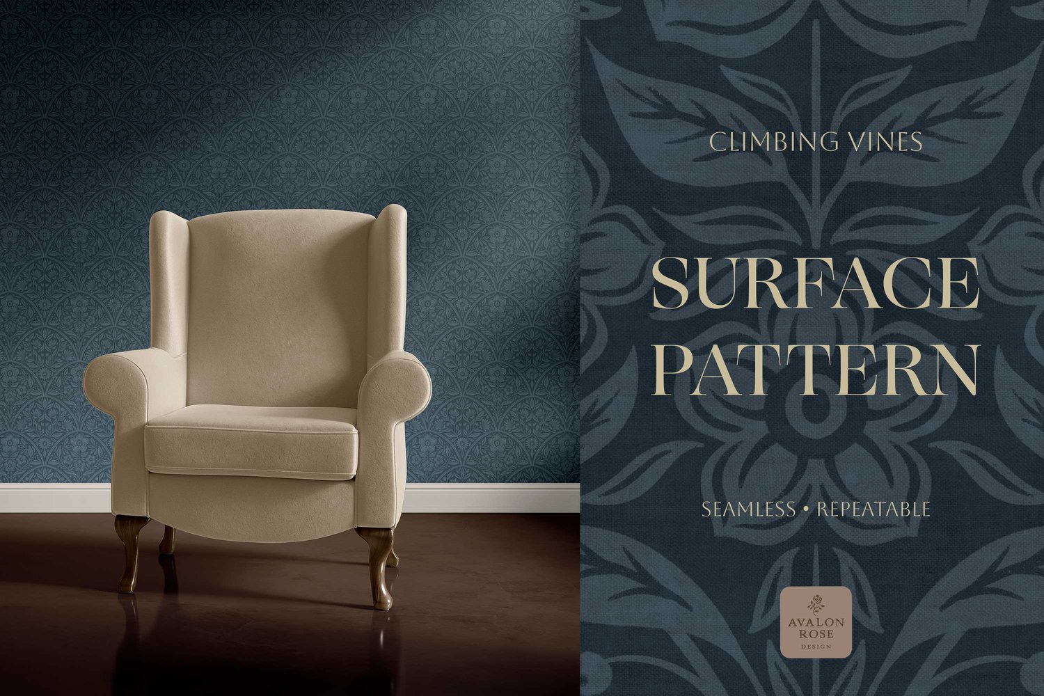 amless surface pattern design features vintage-inspired scalloped floral, historical color options