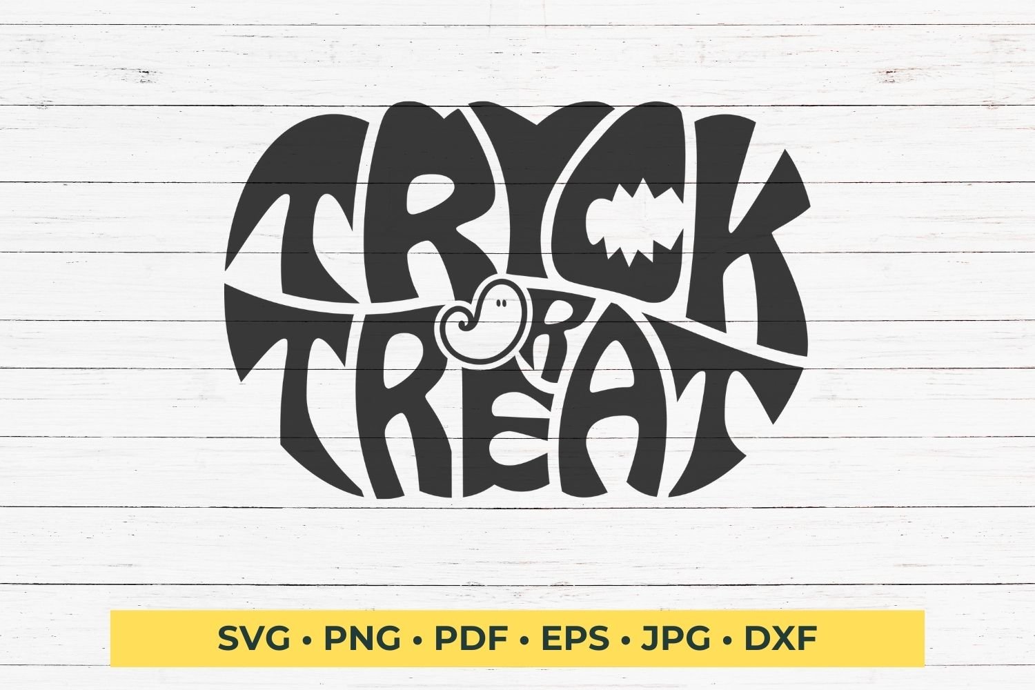 This design features the words Trick or Treat creatively made into the shape of a pumpkin, perfect for Halloween.