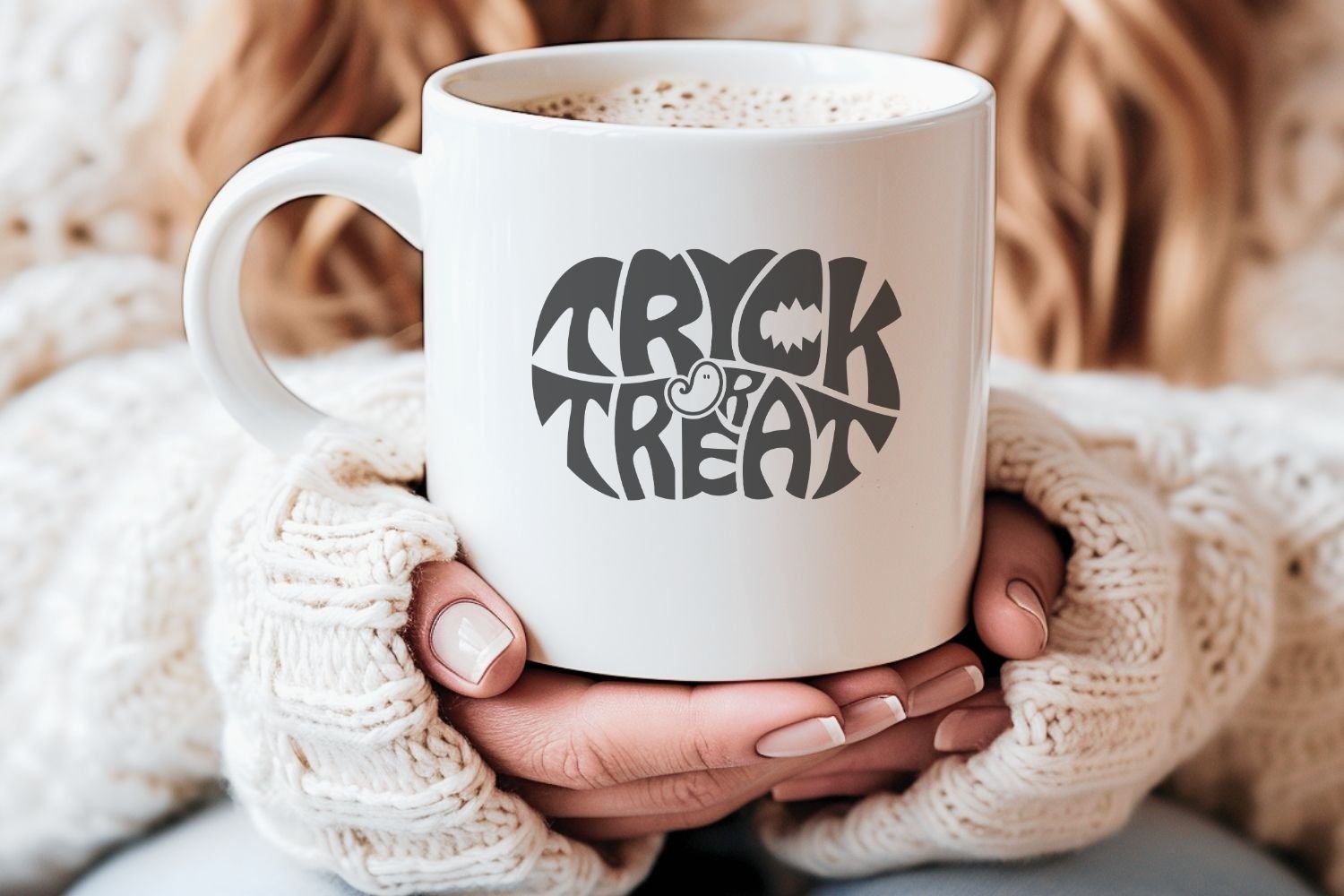 This design features the words Trick or Treat creatively made into the shape of a pumpkin, perfect for Halloween.