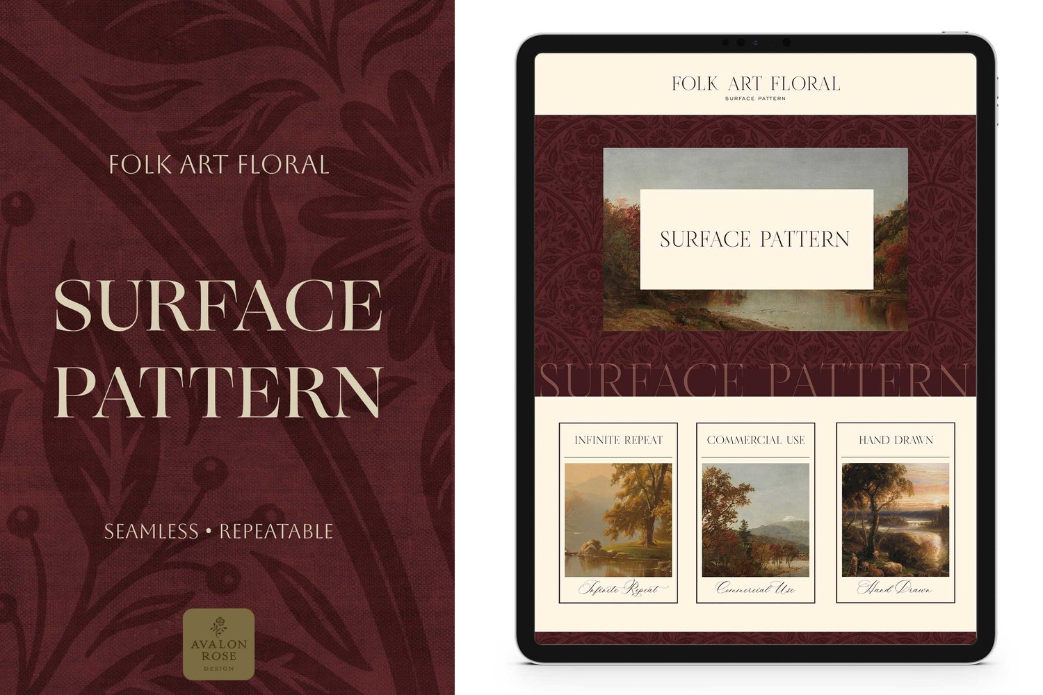 amless surface pattern design features vintage-inspired scalloped floral, historical color options