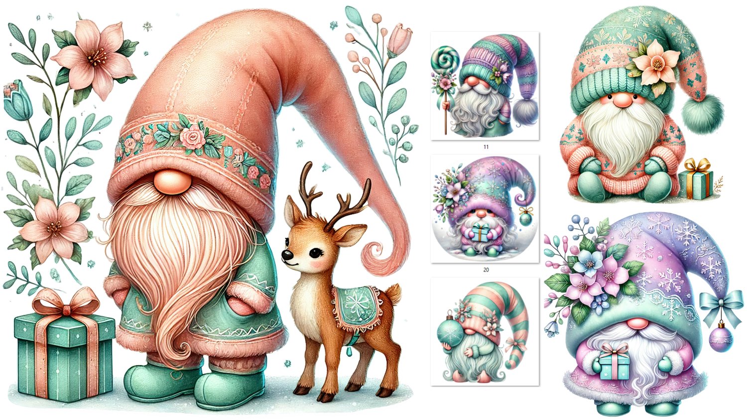 Elegant Pastel Christmas Gnome Art Set