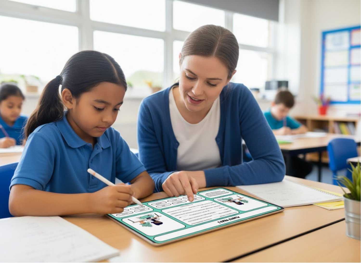 A primary school teacher and pupil working together at a desk on a printed worksheet, with a teacher supporting them in the background during a classroom gap-fill activity focused on learning.