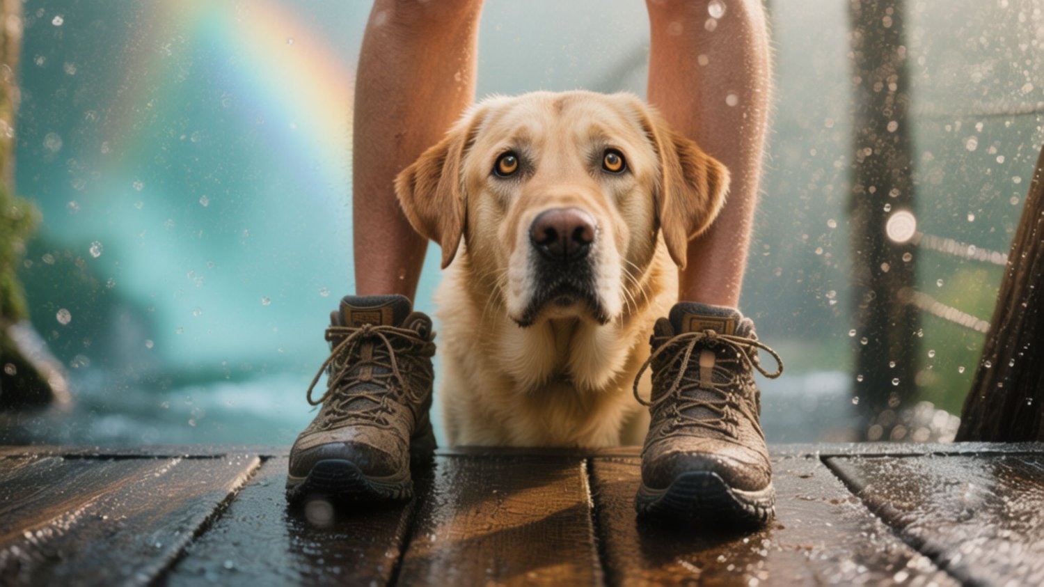 Soaked Max wedged between Sophia’s legs, peeking out with wide, wary eyes while mist drifts behind.