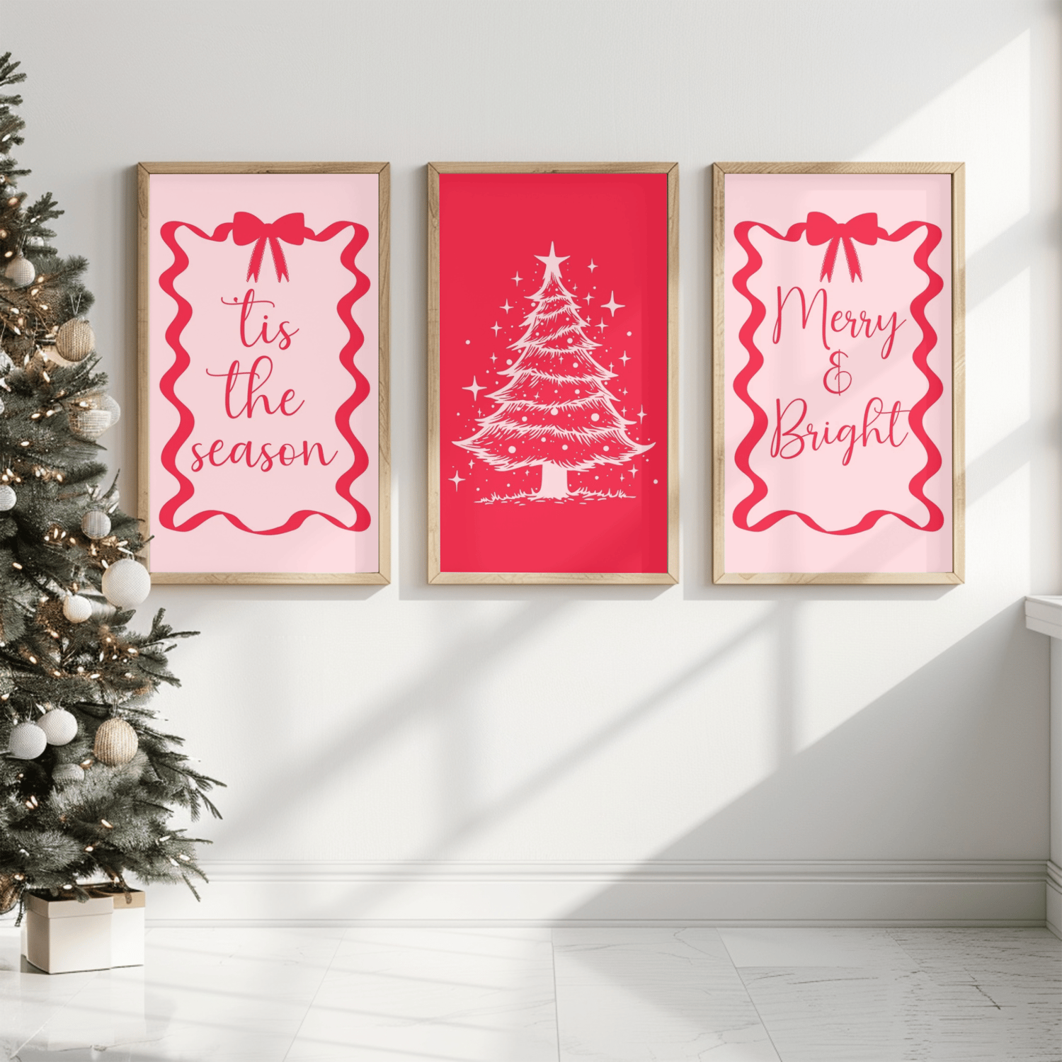 Pink and Red Christmas Wall Art Set | Holiday Christmas Decor (Digital
