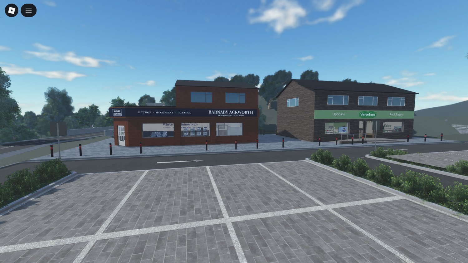 Town square layout with crosswalks and signage