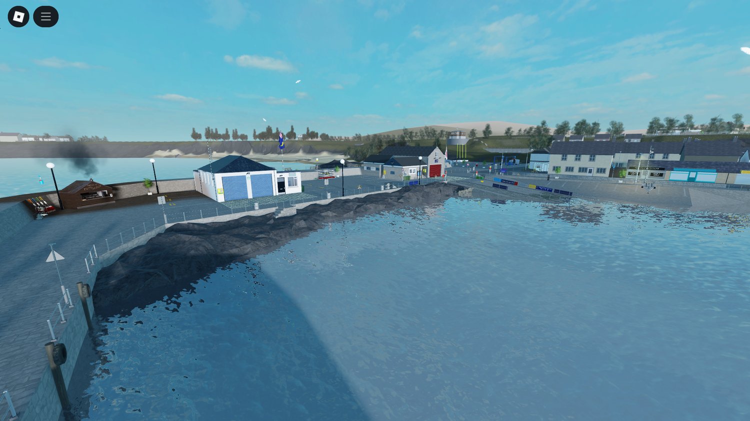 Realistic water and harbor coastline in Roblox scene
