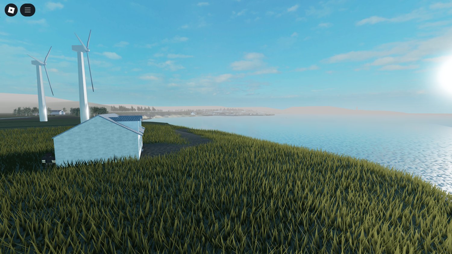 Aerial view of full Lyme Regis Roblox town and coast