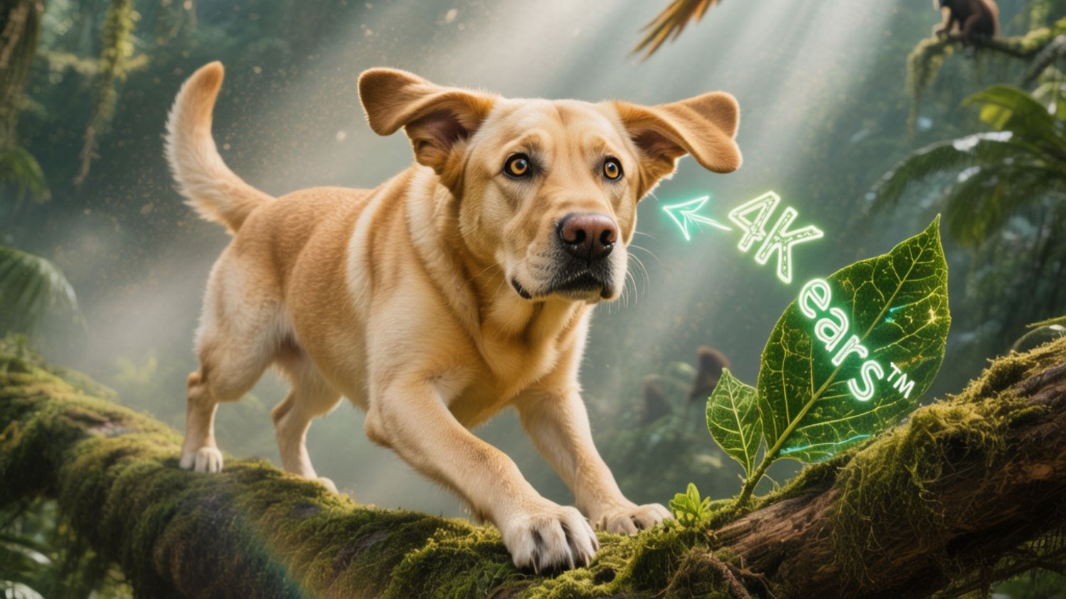 Yellow Labrador frozen on mossy root, ears flared like radar dishes, sunbeams slicing through misty rainforest canopy.