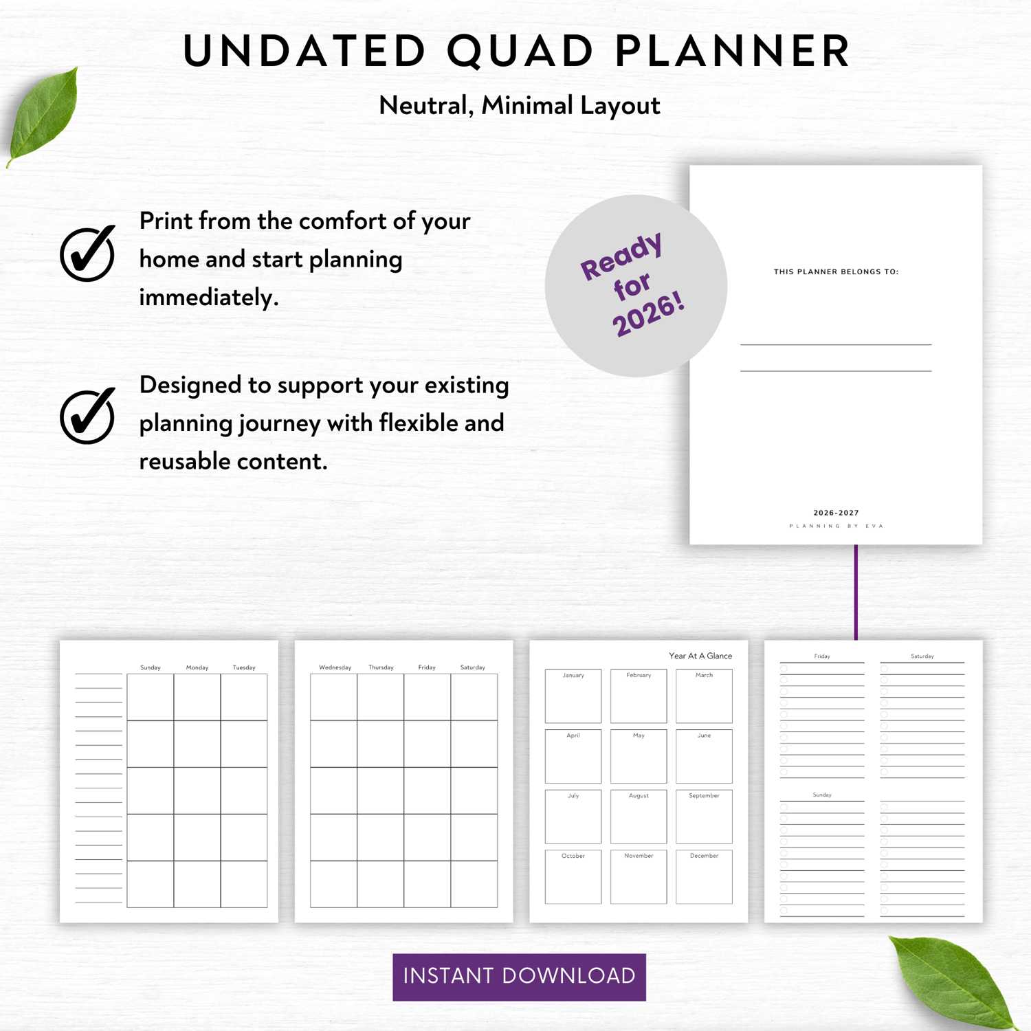 Notes. Printable Quad Undated Quad Planner Layout - Minimal Neutral Design | Printable PDF ...