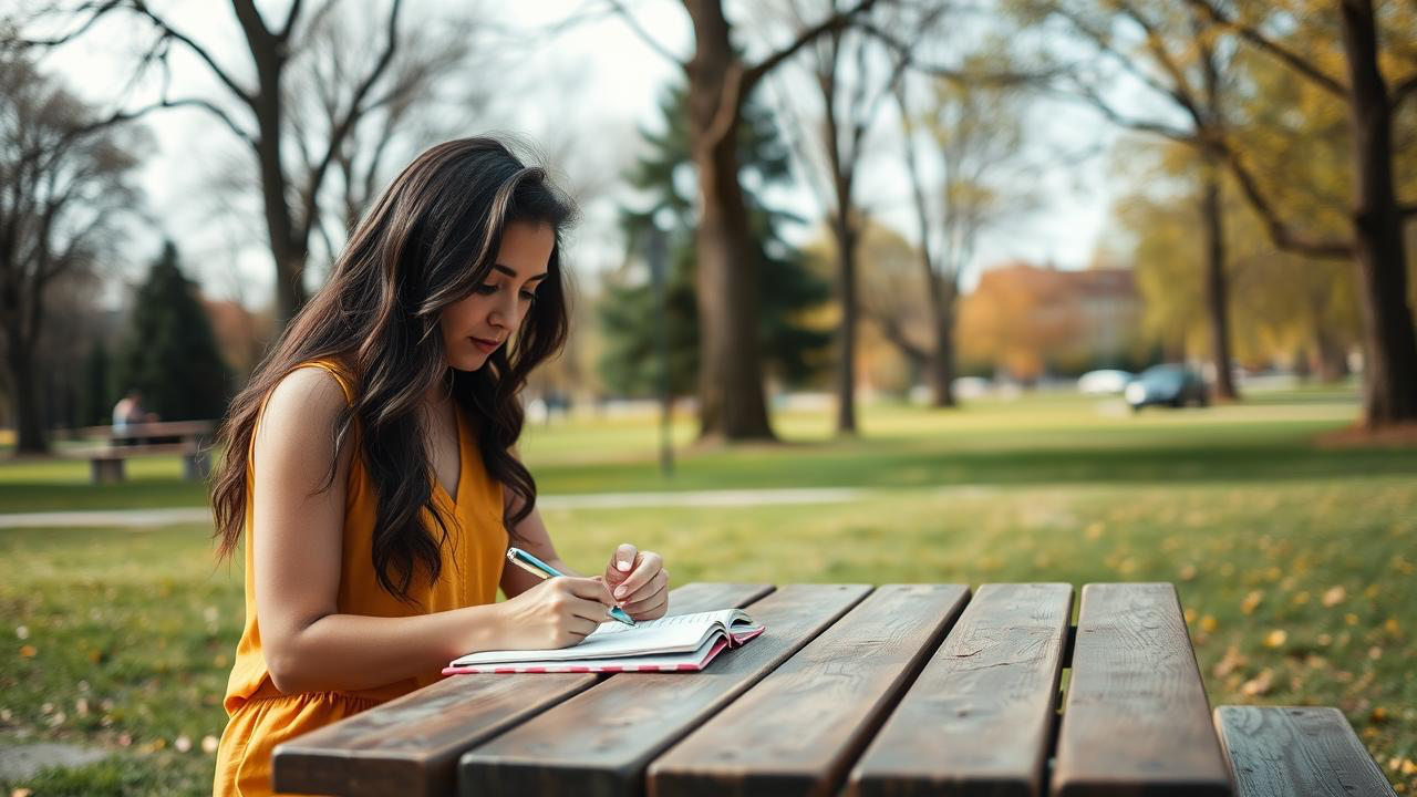 Latina sitting at a picnic table in the park, writing in her journal.