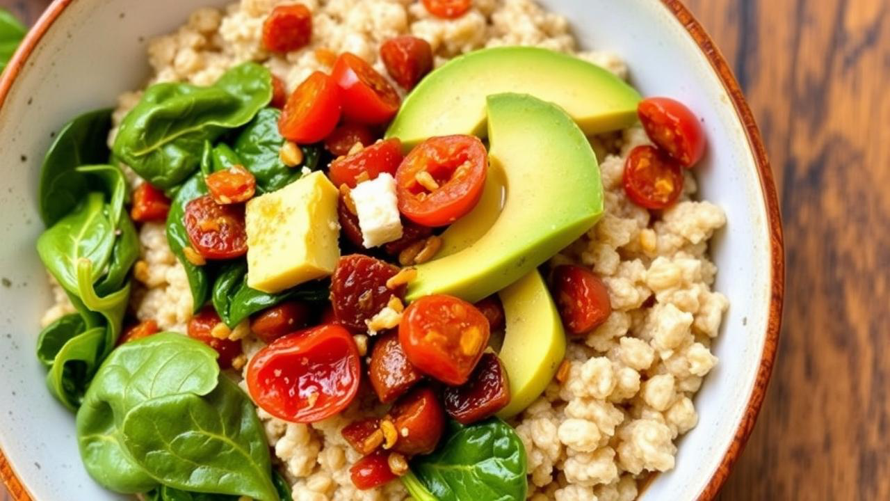 Savory oatmeal with spinach, dried tomatoes, and avocado, relating to blog post about adding veggies to breakfast for the new American Standard Diet.