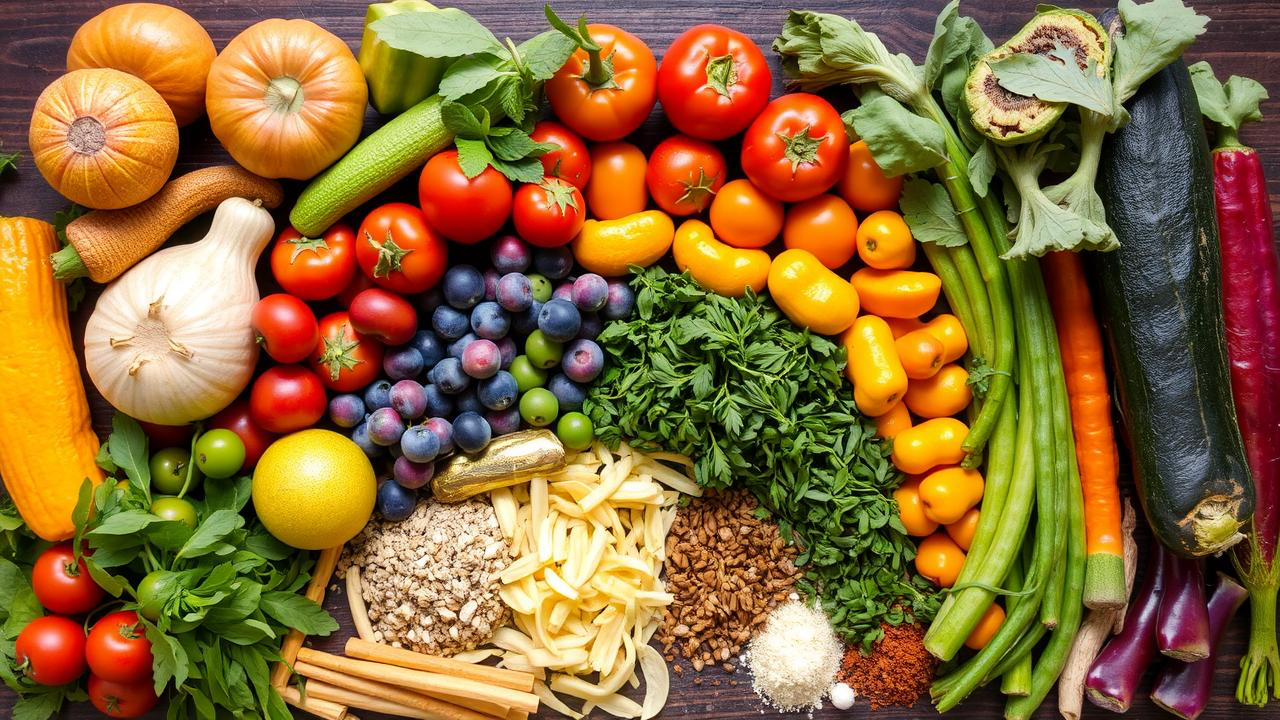 Rainbow assortment of fruits, vegetables, herbs and spices.