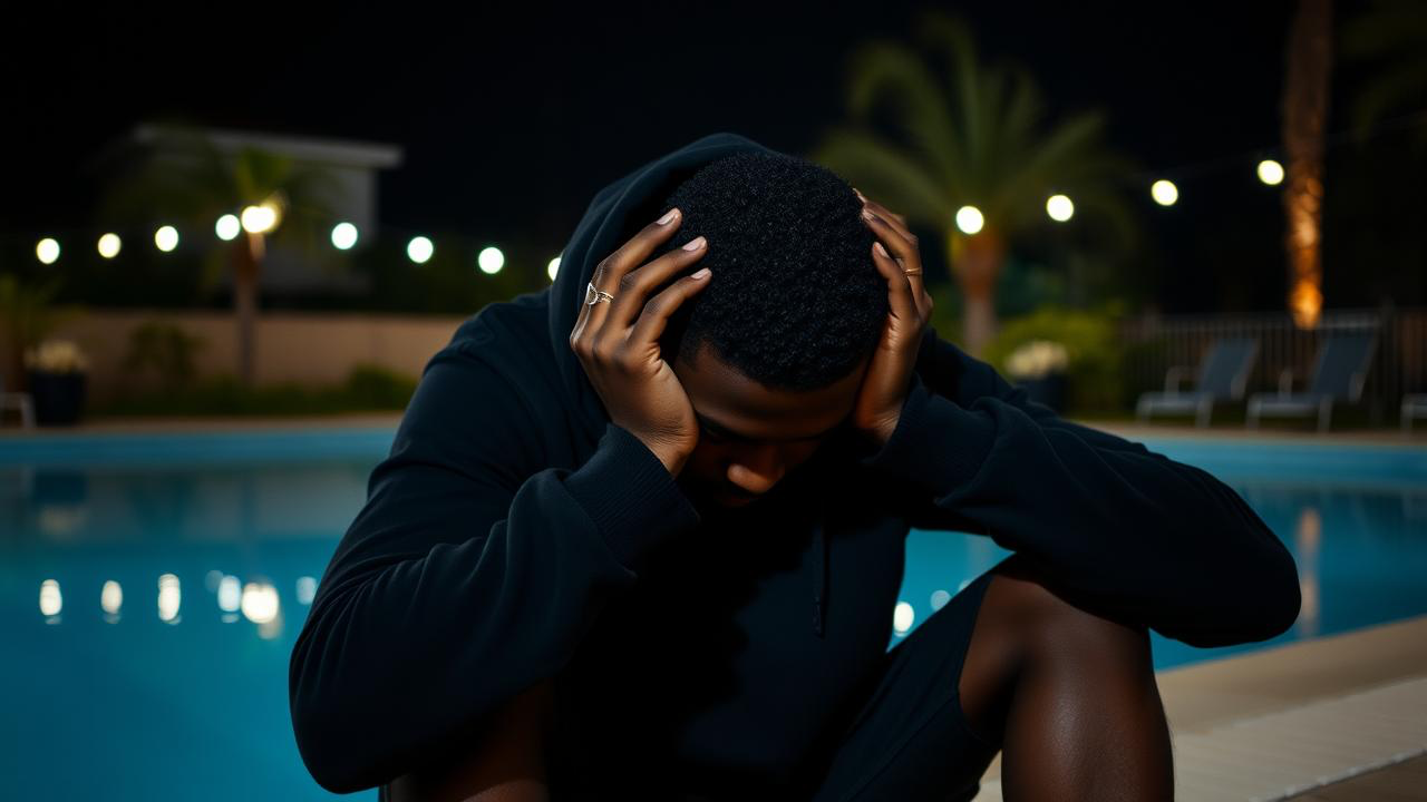 Black man in a black hoodie hunched over with hands on his head at night, sitting poolside. Related to a blog post about grief.