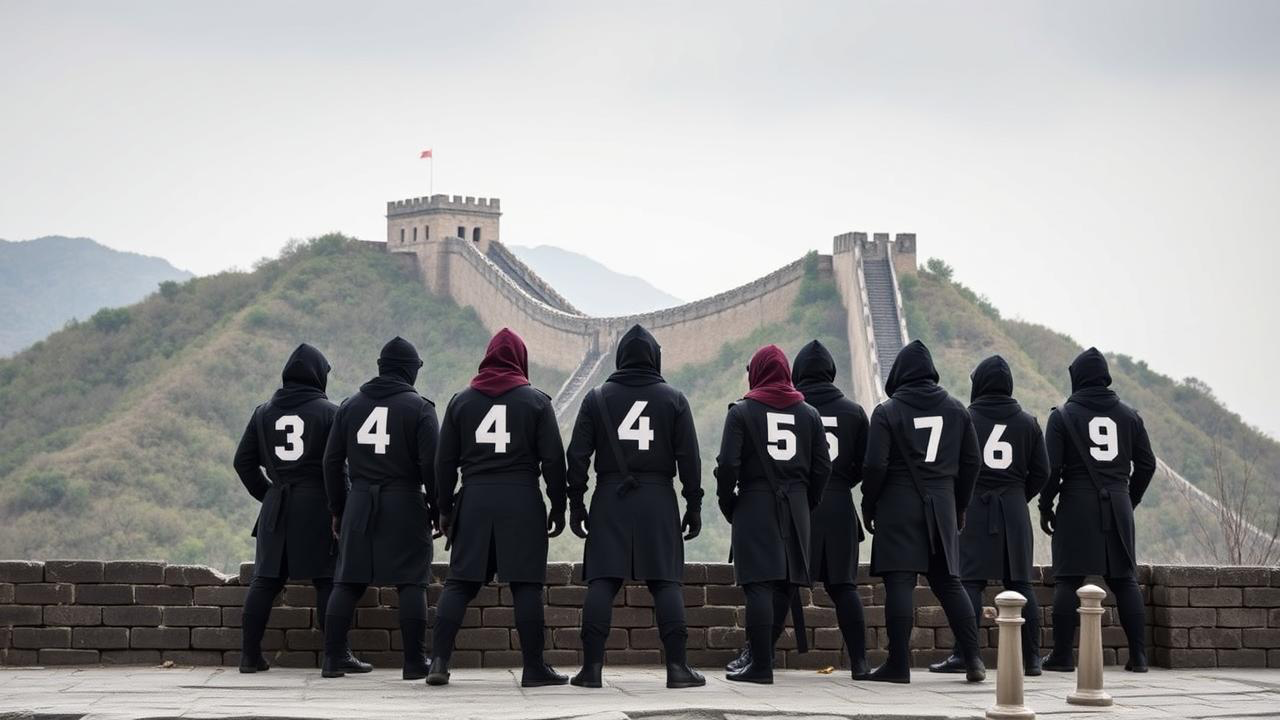 Ninjas facing the Great Wall, each with a number under 10 on their back.