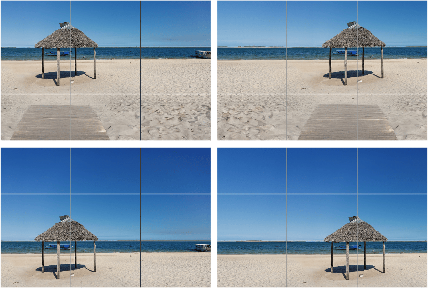 Four beach photographs showing how the position of a small hut changes balance and mood in The Creative Guide’s “Intersection of Thirds.”