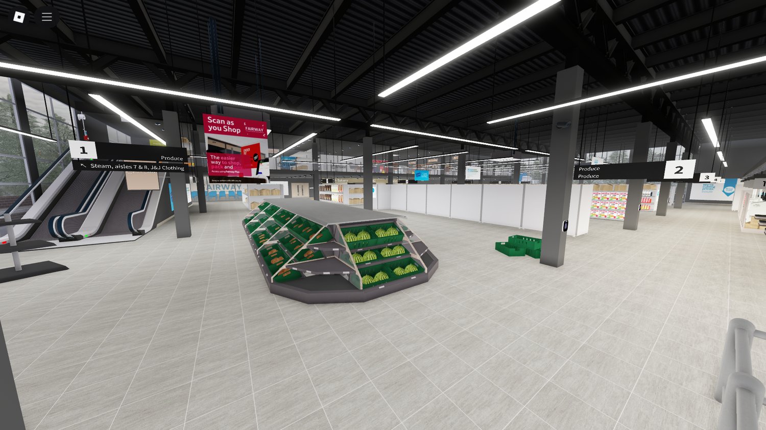 Upper floor walkway in Roblox shopping center