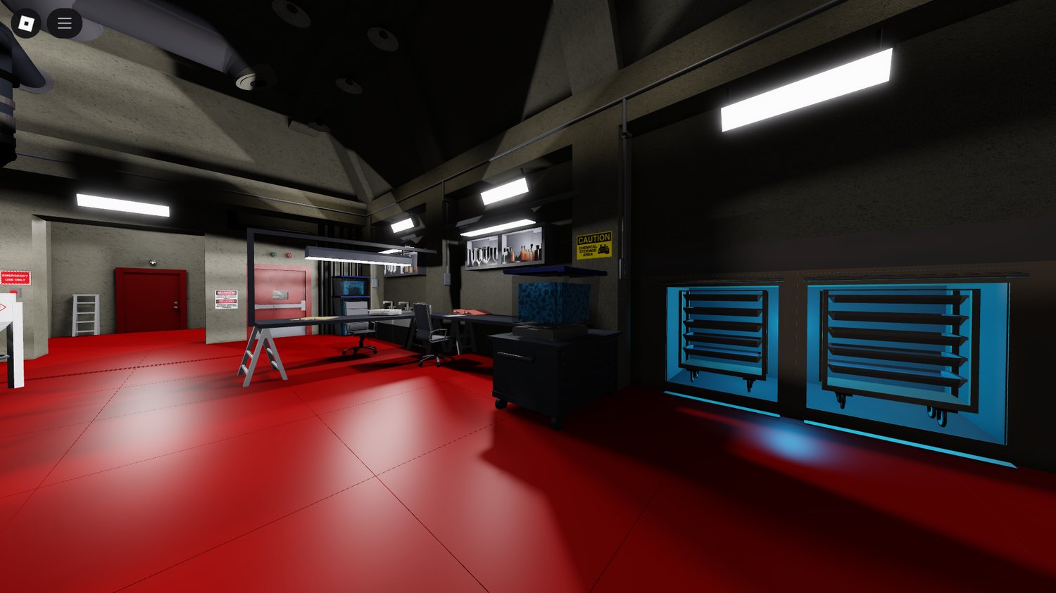 Underground lab interior with workbench and story props